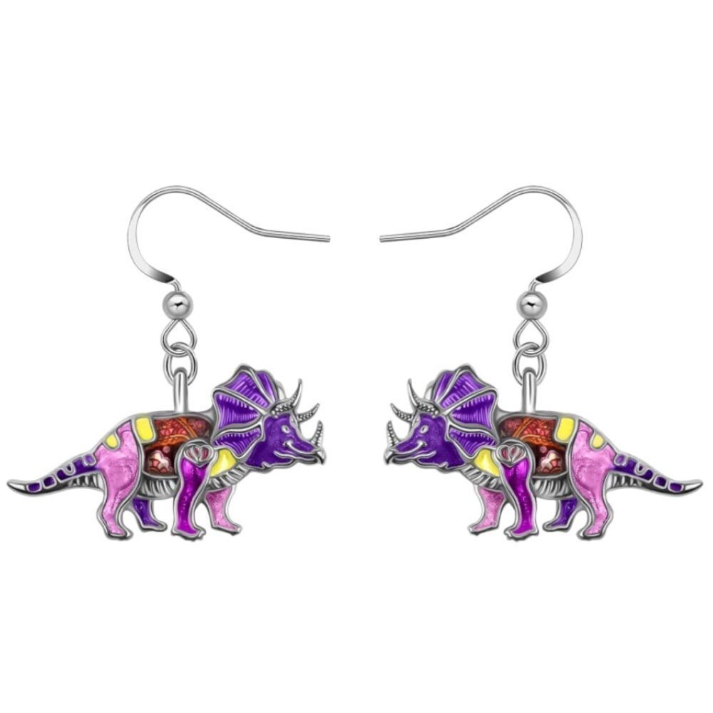 Silver with Multicolored Enamel Triceratops Dinosaur French Wire Drop Earrings
